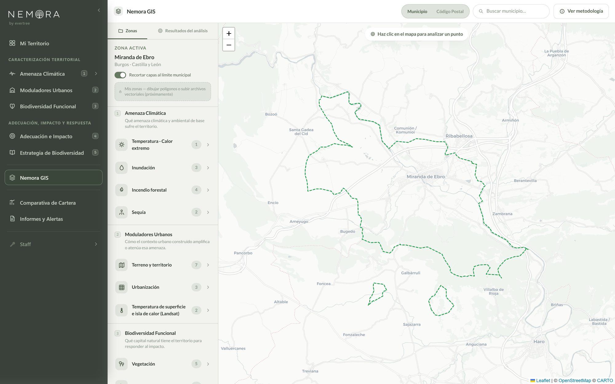 Nemora GIS mostrando el término municipal de Miranda de Ebro con el catálogo de capas organizado por los pasos de la metodología